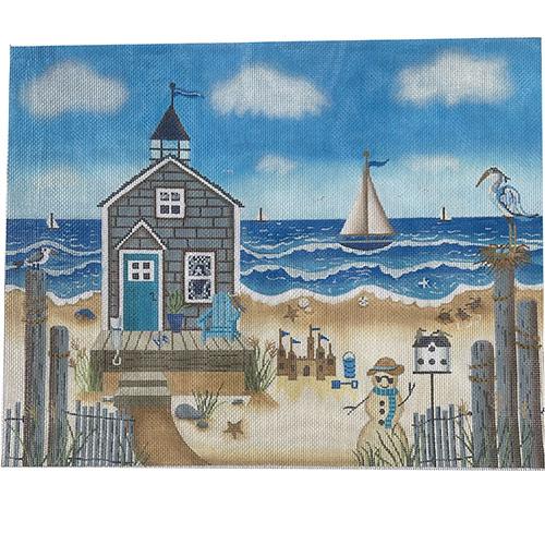 Blue Heron Beach Hut Painted Canvas Painted Pony Designs  - 1
