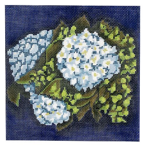 Blue Hydrangeas on Navy Painted Canvas All About Stitching/The Collection Design 