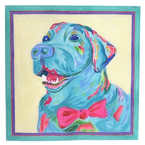 Blue Lab with Hot Pink Bowtie Painted Canvas Kate Dickerson Needlepoint Collections 