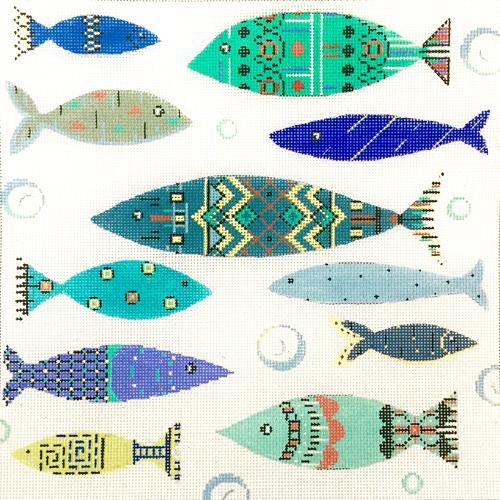 Blue Patterned Fish Painted Canvas Alice Peterson 