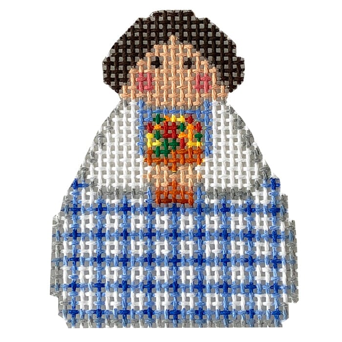 Blue Plaid with Flower Pot Angel Painted Canvas KCN Designers  - 1