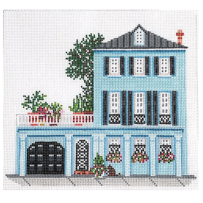 Blue Row House in Charleston on 18 Painted Canvas Needle Crossings  - 1