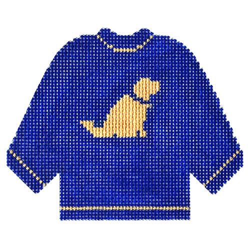 Blue Sweater with Yellow Lab Ornament Painted Canvas Silver Needle 

