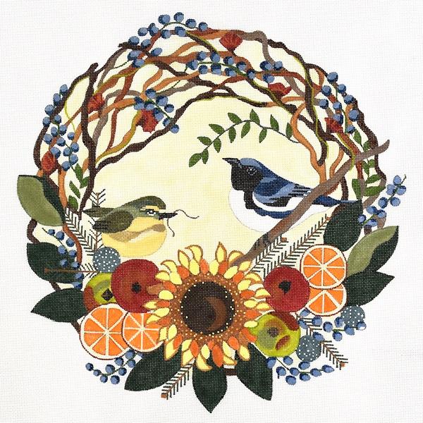 Blue Thrushes in Wreath Painted Canvas Melissa Prince Designs  - 1