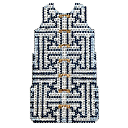 Blue & White Fretwork Mini Shift Painted Canvas Two Sisters Needlepoint 