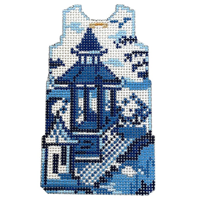 Blue & White Pagoda Mini Shift Painted Canvas Two Sisters Needlepoint 