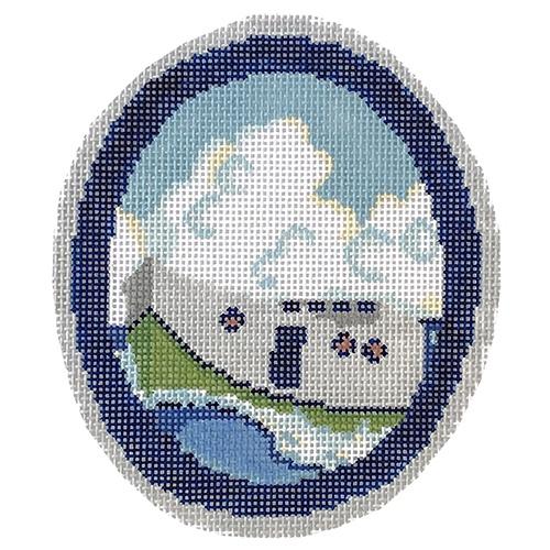 Boat   Navy Oval Painted Canvas The Plum Stitchery  - 1