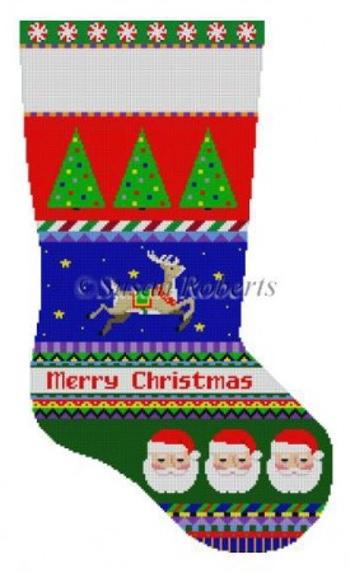 Bold Stripe, Reindeer, Santa Face Stocking Painted Canvas Susan Roberts Needlepoint Designs, Inc. 