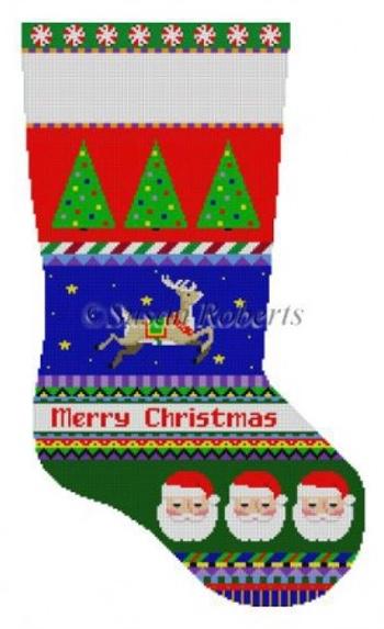 Bold Stripe, Reindeer, Santa Face Stocking Painted Canvas Susan Roberts Needlepoint Designs, Inc.  - 1