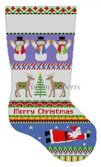 Bold Stripe Reindeer with Flying Santa Stocking Painted Canvas Susan Roberts Needlepoint Designs, Inc. 
