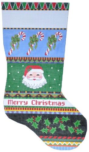 Bold Stripe Santa Face and Candy Canes Stocking Painted Canvas Susan Roberts Needlepoint Designs, Inc. 