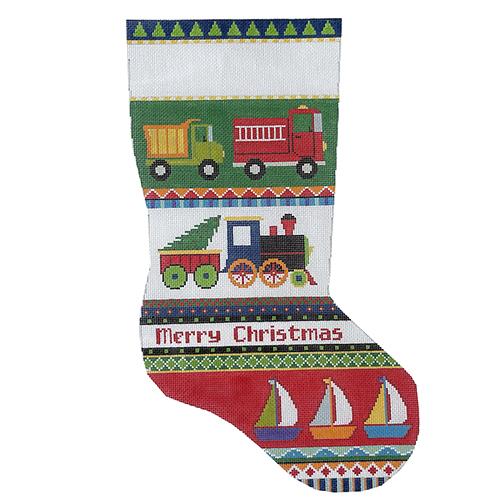 Bold Stripe, Trucks, Train, & Boats Stocking Painted Canvas Susan Roberts Needlepoint Designs Inc. 