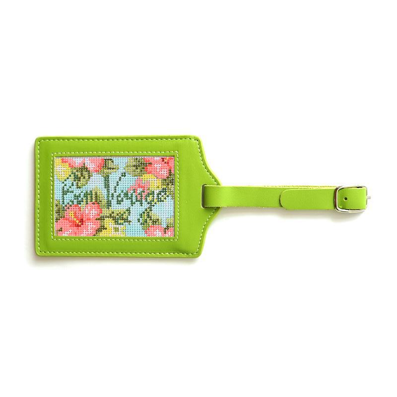 Bon Voyage Hibiscus with Luggage Tag Painted Canvas Needlepoint.Com Green 