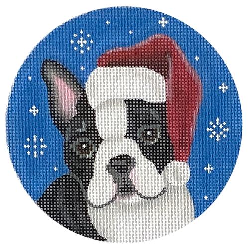 Boston Terrier Santa Round Painted Canvas Pepperberry Designs 

