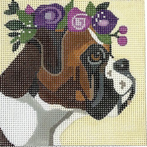 Boxer with Purple Floral Crown 4" Square Painted Canvas Melissa Prince Designs  - 1