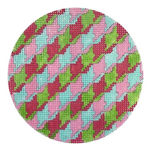 Bright Multi Color Houndstooth 4" Round Painted Canvas Kate Dickerson Needlepoint Collections  - 1