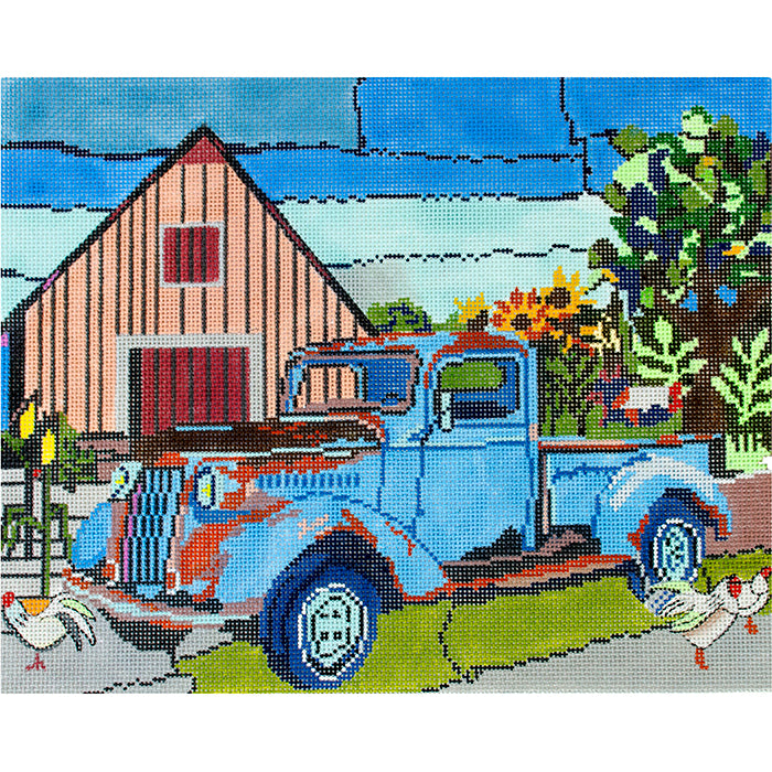 Brown Barn with Old Blue Truck on 13 Painted Canvas Patti Mann  - 1
