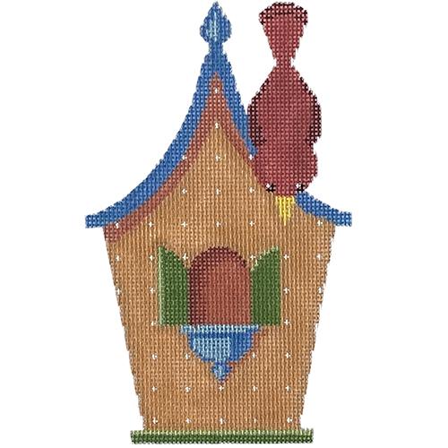 Brown Birdhouse with Red Bird Painted Canvas Labors of Love Needlepoint 