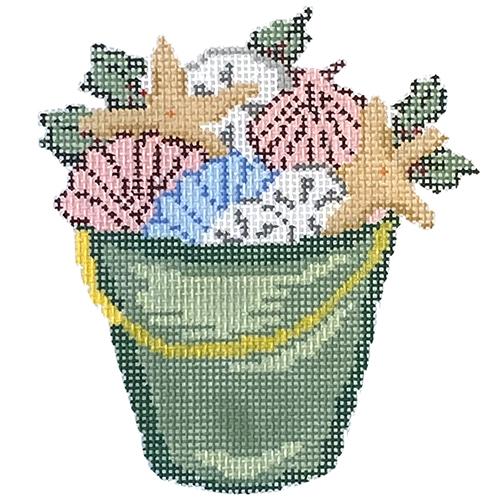 Bucket of Shells & Holly on 18 Painted Canvas Needle Crossings 