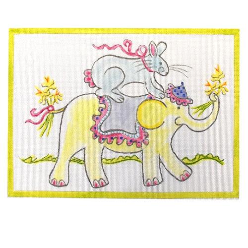 Bunny Riding on Elephant Painted Canvas Kate Dickerson Needlepoint Collections 