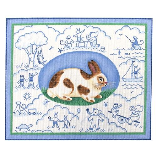 Bunny Toile - Blues Painted Canvas Kate Dickerson Needlepoint Collections 