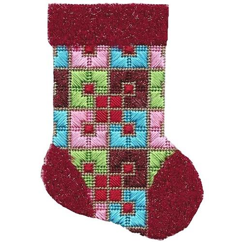 Burgundy, Peach, & Turquoise Mini Sock with Stitch Guide Painted Canvas A Stitch in Time 