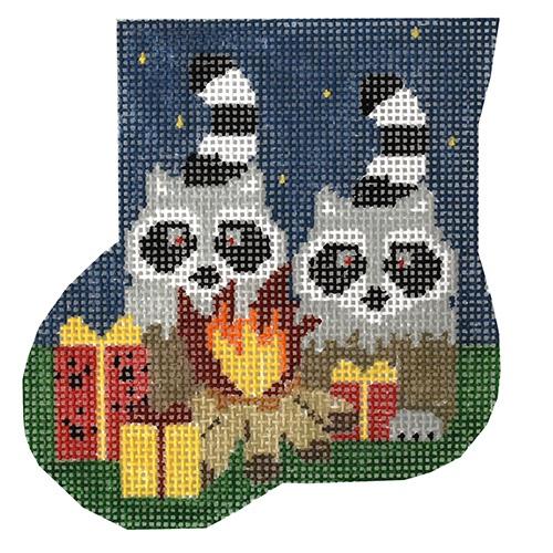 Campfire with Raccoons Mini Stocking Painted Canvas Kathy Schenkel Designs 