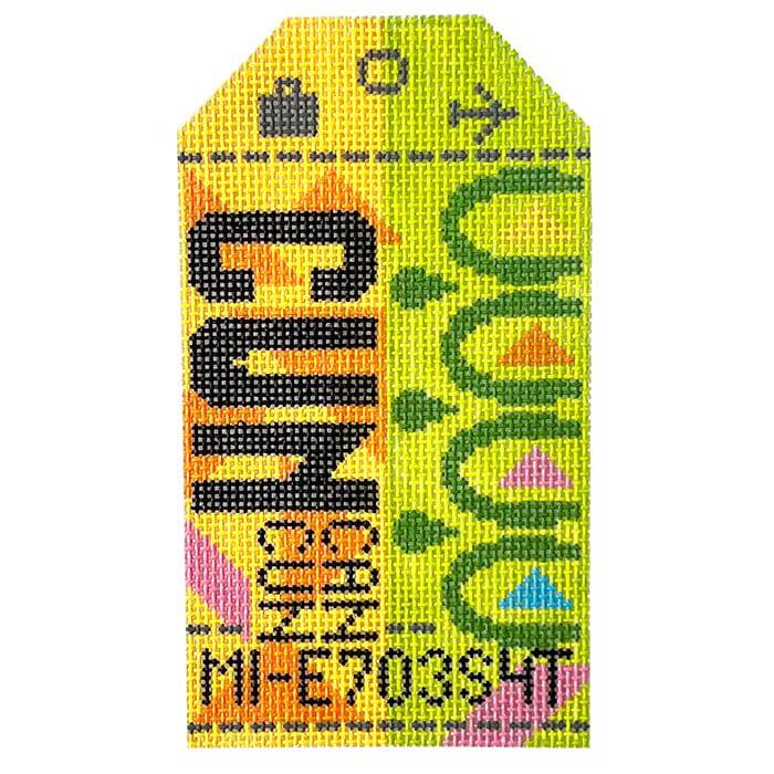 Cancun CUN Retro Travel Tag Painted Canvas Hedgehog Needlepoint 
