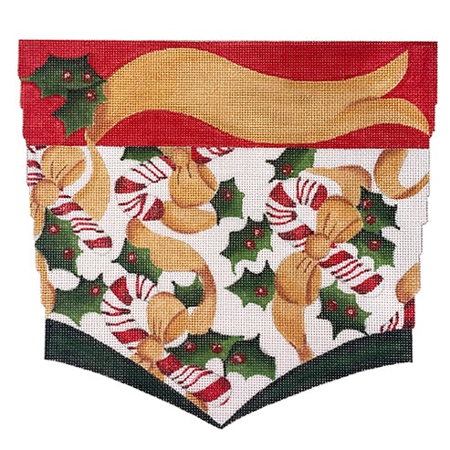 Candy Cane & Holly Stocking Cuff Painted Canvas a. bradley  - 1