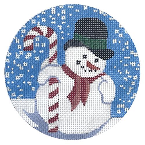 Candy Cane Snowman on Blue Ornament Painted Canvas Danji Designs 
