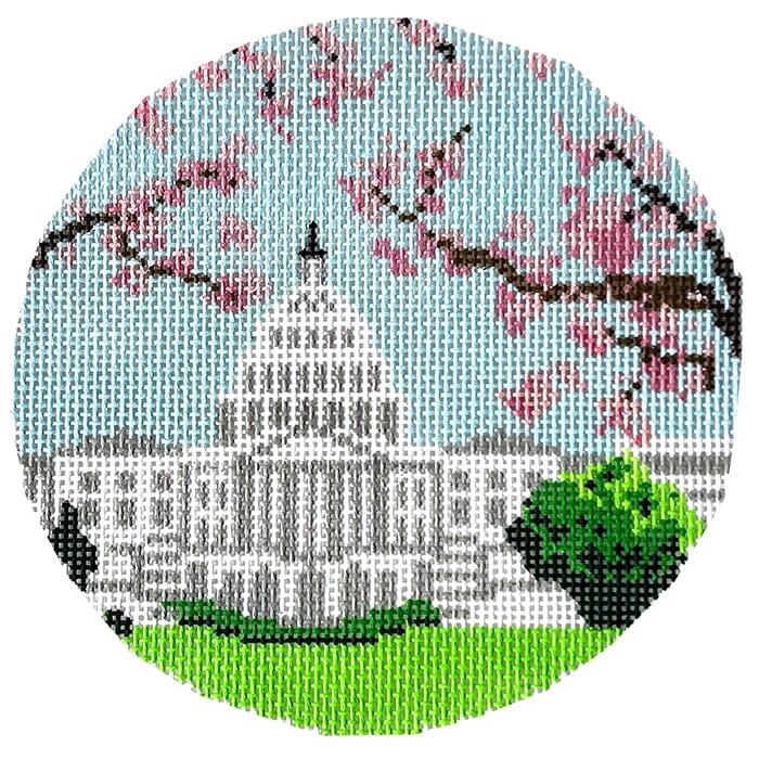 Capitol with Cherry Blossoms Painted Canvas Susan Battle Needlepoint 
