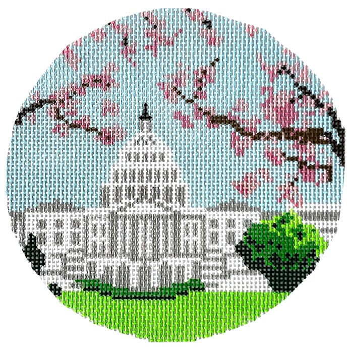 Capitol with Cherry Blossoms Painted Canvas Susan Battle Needlepoint  - 1