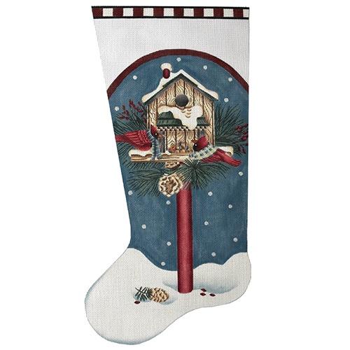 Cardinal Birdhouse Stocking Painted Canvas Melissa Shirley Designs  - 1