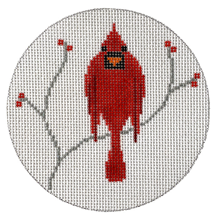 Cardinal on Branch Round Painted Canvas Vallerie Needlepoint Gallery 