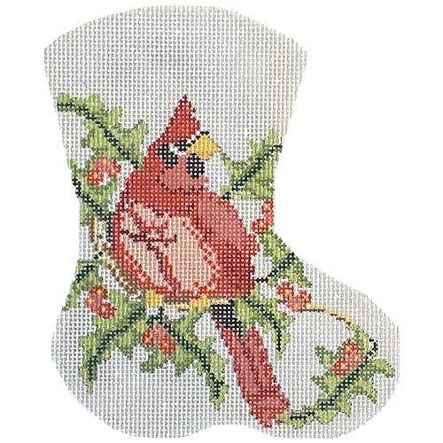 Cardinal on Holly Mini Stocking Painted Canvas NeedleDeeva 