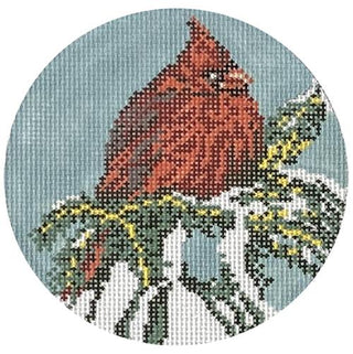 Cardinal on Snowy Branch Round on 18 Painted Canvas Needle Crossings 

