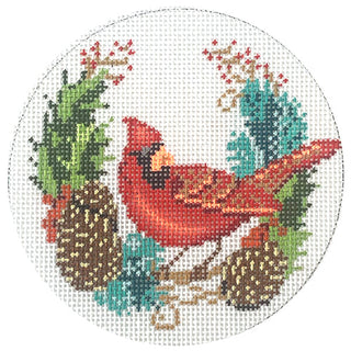 Cardinal & Pinecones Round Painted Canvas Alice Peterson Company 
