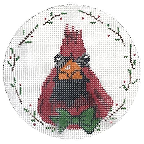 Cardinal with Green Bow Ornament Painted Canvas Danji Designs 