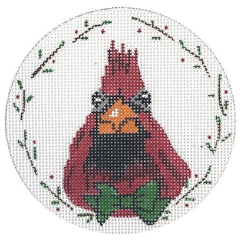 Cardinal with Green Bow Ornament Painted Canvas Danji Designs  - 1