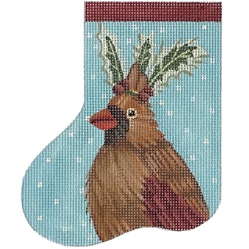 Cardinal with Holly Crown Mini Stocking Painted Canvas Vicki Sawyer 