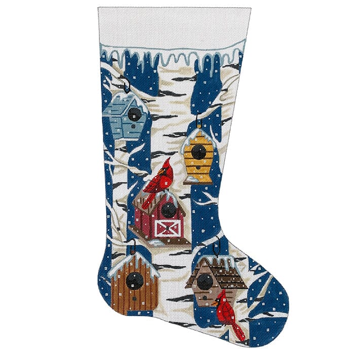 Cardinals and Birdhouses Stocking Painted Canvas Alice Peterson Company 