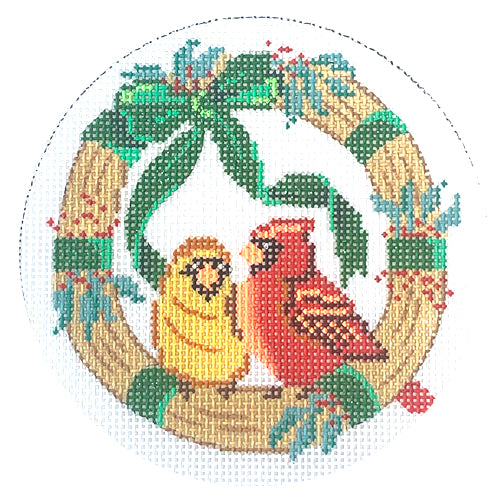 Cardinals in Wreath Round Painted Canvas Alice Peterson Company  - 1