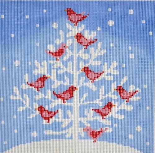 Cardinals on Snow Tree Painted Canvas Vallerie Needlepoint Gallery 