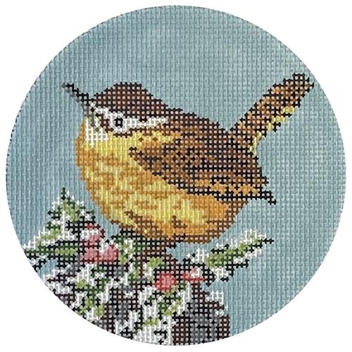 Carolina Wren Round Painted Canvas Needle Crossings 
