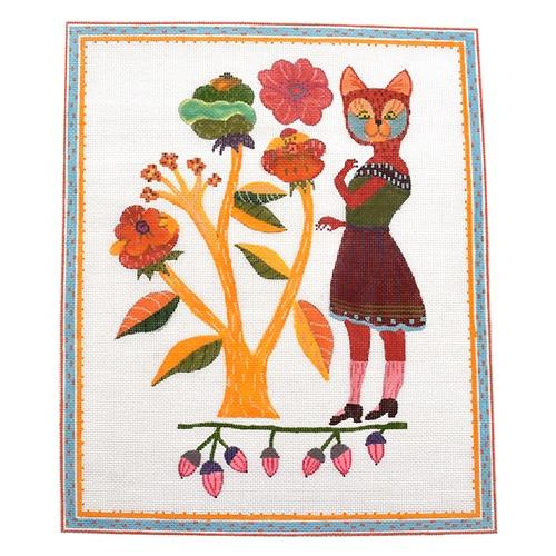 Cat with Flowers Painted Canvas Kate Dickerson Needlepoint Collections 