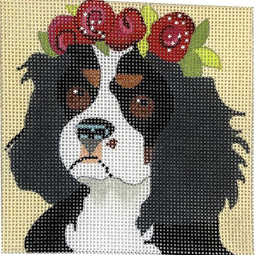 Cavalier with Red Floral Crown 4" Square Painted Canvas Melissa Prince Designs  - 1