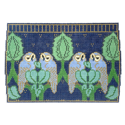Charles' Blue Owls Needle Case Painted Canvas Whimsy & Grace - 1