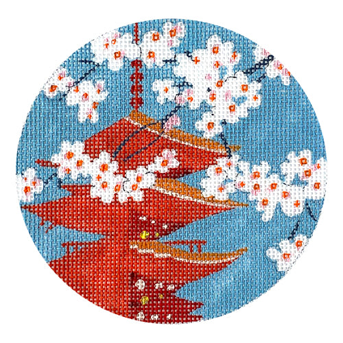 Cherry Blossoms & Pagoda Round Painted Canvas Colors of Praise 