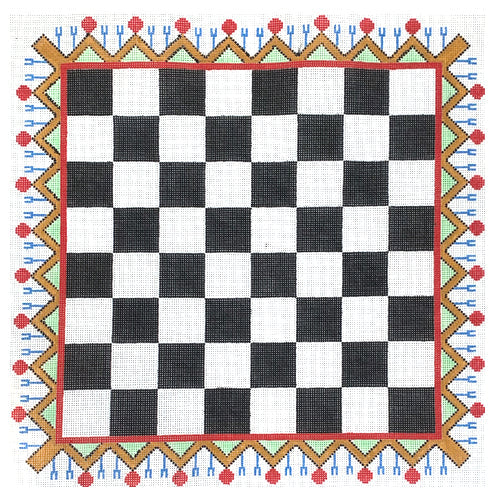 Chess & Checkers Board - Black & White Painted Canvas SilverStitch Needlepoint 