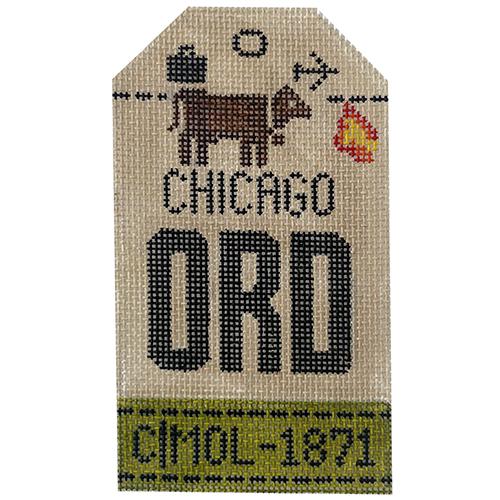 Chicago ORD Vintage Travel Tag Painted Canvas Hedgehog Needlepoint 